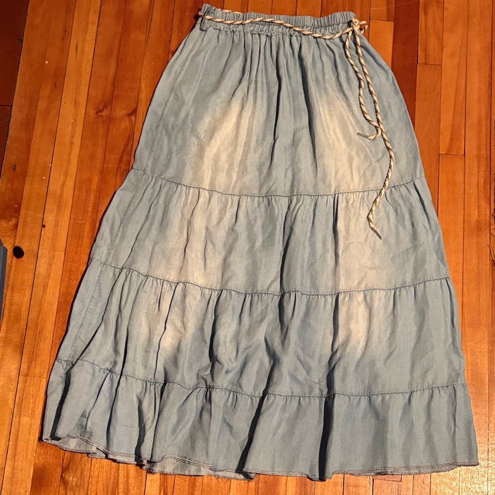 Chambray Tiered Maxi Skirt
